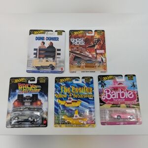 Hot wheels pop culture cars damaged packaging Beatles barbie back to the future